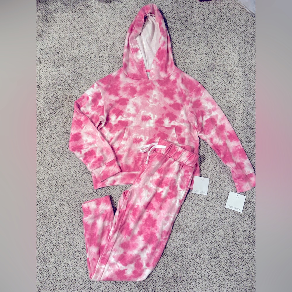 NWT Girls Size 10/12 Pink Tie Dye Jogger & Hoodie Set